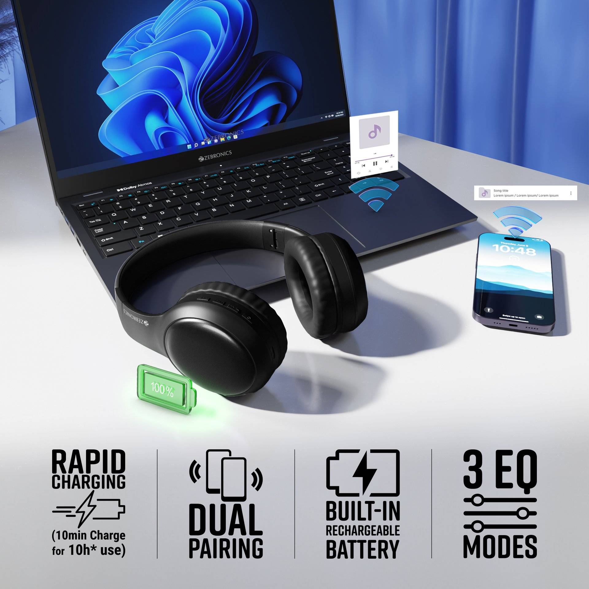 Zebronics Thunder Max Bluetooth Headphone, Black - Image 6